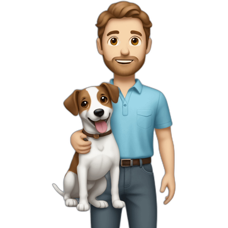 caucasian man with brown hair holding a jack russel emoji