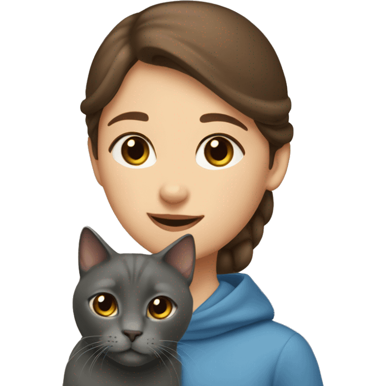 Brown hair girl and russian blue cat together emoji