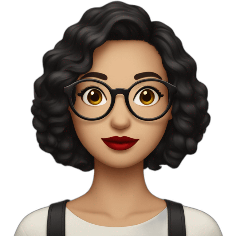 face of a 25 year old woman with short dark hair, red lipstick, eyeliner, and square but kinda rounded glasses emoji