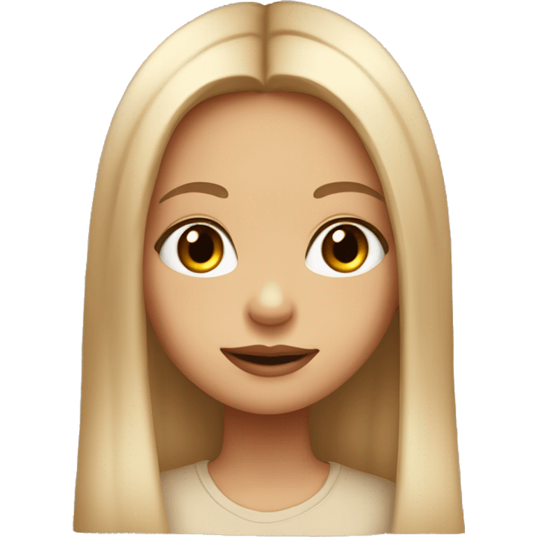 girl with light long straight hair, in beige t-shirt, baby face, small nose, big lips, brown eyes emoji