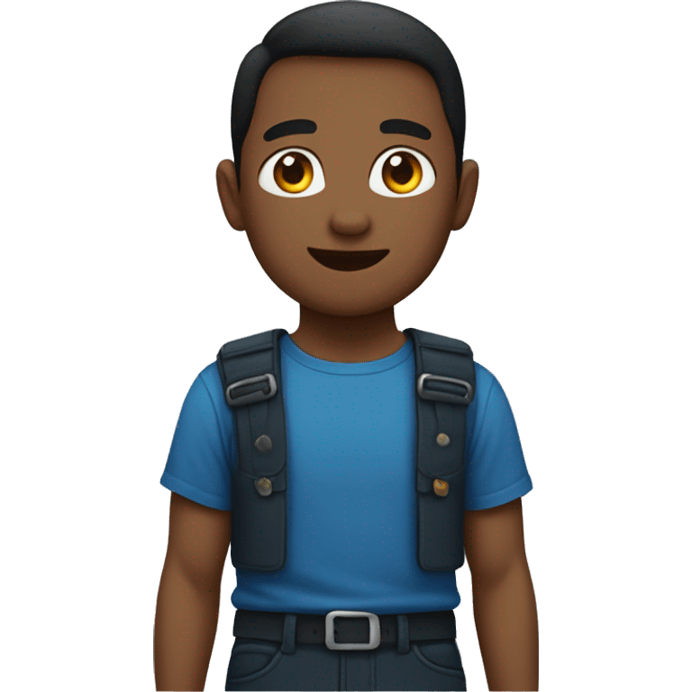 Boy with a blue shrit and dark pants and bradis emoji