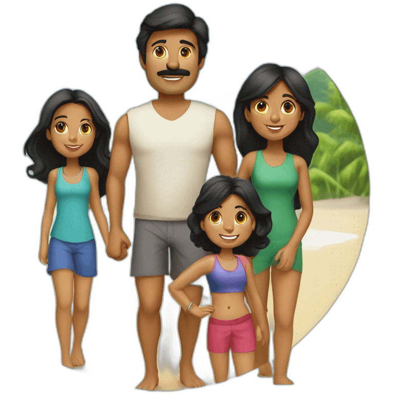 Indian family of 4 people, dad black hair, mom black hair, 1 girl child and 1 boy child and 2 daughters on a beach emoji