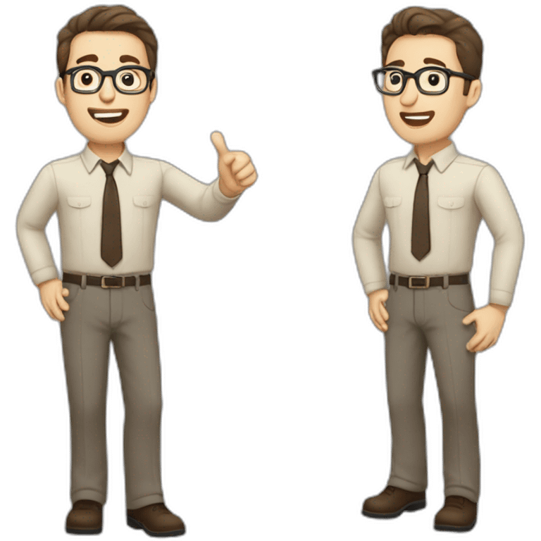 To belt Actively gesturing with hands Pale skinned fit man with dark brown hair in gray jacket, beige office shirt, brown tie, brown pants and vintage glasses. emoji