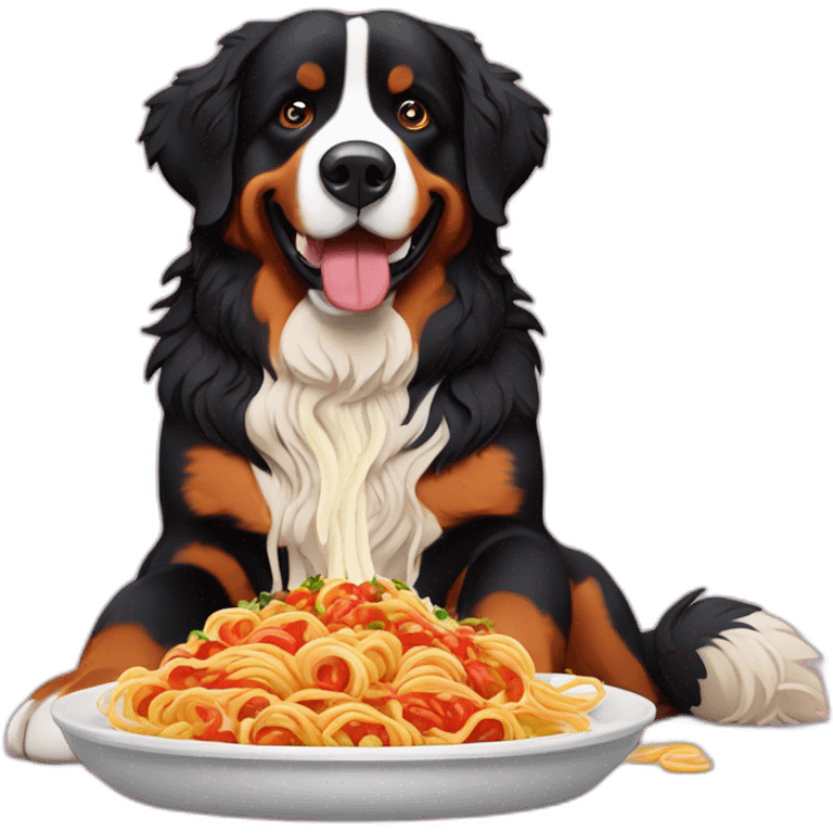 Bernese mountain dog eating spaghettis and salsa emoji