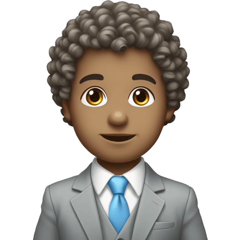 Little young  gentleman wearing a grey suit with white shirt and baby blue tie with blue eyes , white skin and brown  curly hair without grey hair and full body . Wearing a watch and greek emoji