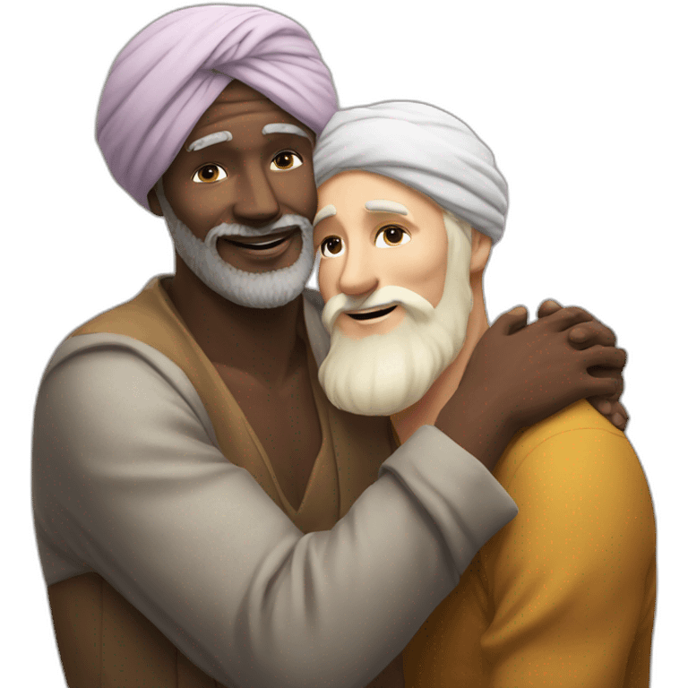 Turban older Man from africa hugs blond beard European man emoji