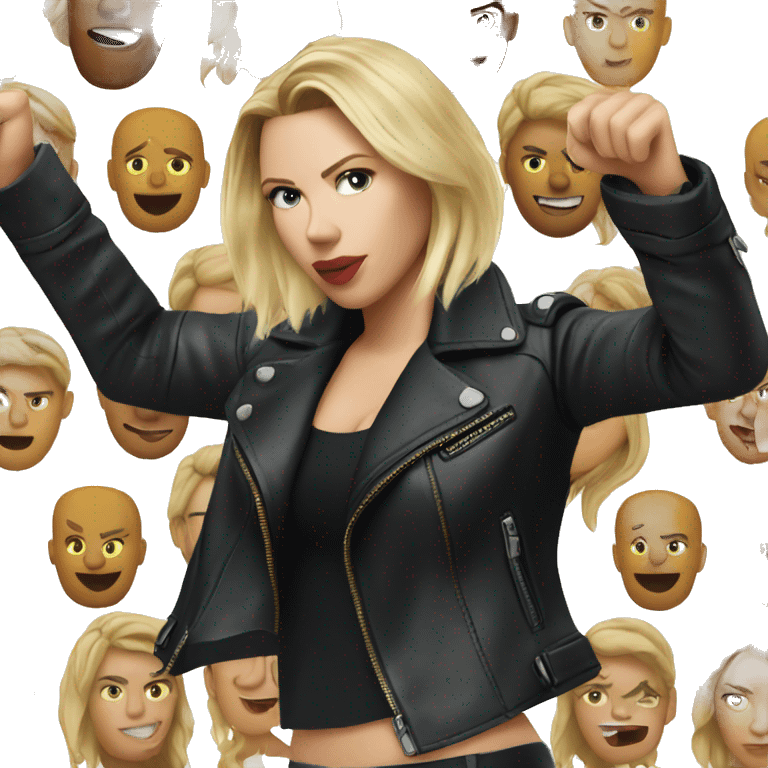 blonde Scarlett Johansson in black leather jacket pointing forward emoji