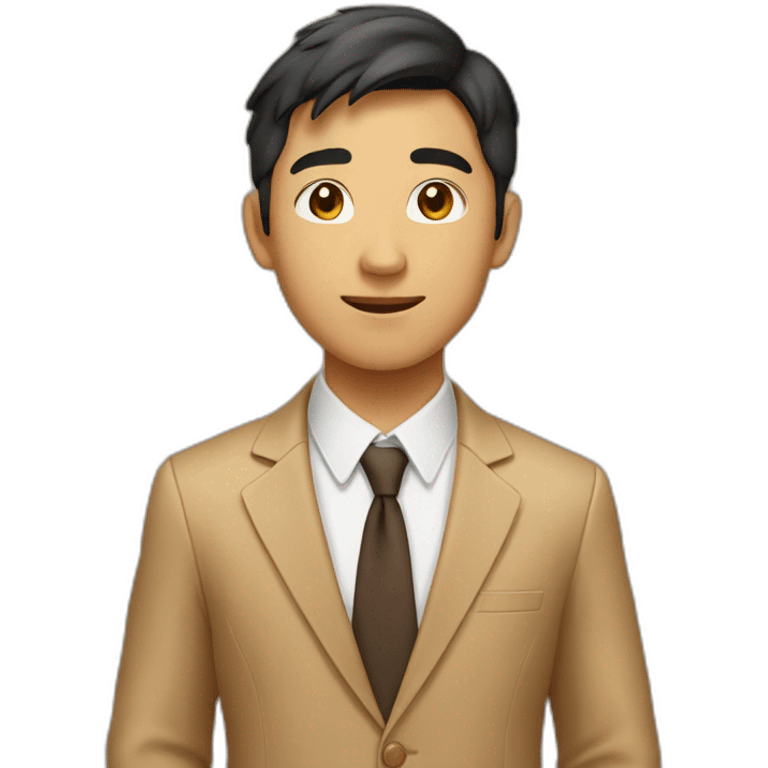 A asian young man, exuding confidence, in a camel suit. emoji