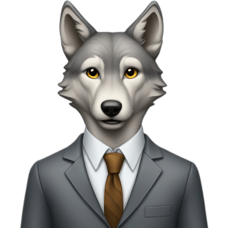 Portrait of a gray wolf with a human-like face wears a sleek jacket and tie like a salesman emoji