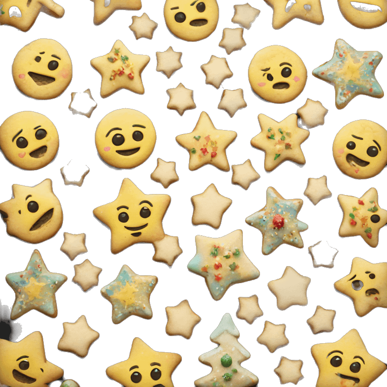 Create a smiley Christmas cookie in the shape of a star or snowflake. The cookies are decorated with black icing and sprinkled with colored sugar. It should look appetizing and festive emoji