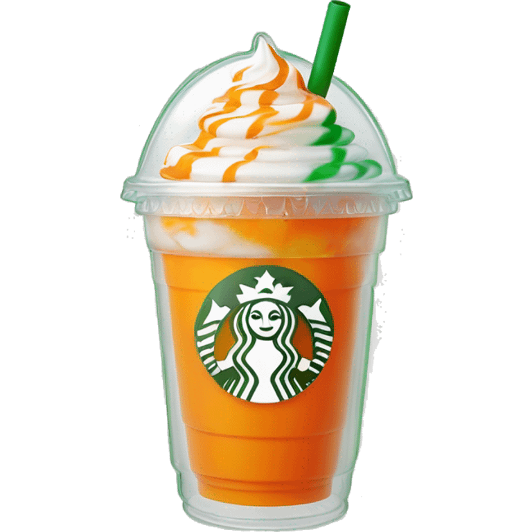 Realistic clear plastic cup with orange plastic Transluscent domed lid with orange and white swirled Frappuccino inside and green straw through the top of the lid. emoji