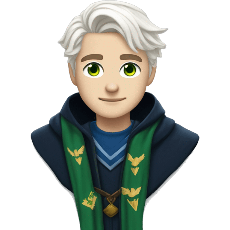 16 year old boy, white hair, light skin, green eyes, scar on right eye in ravenclaw hogwarts robes. emoji