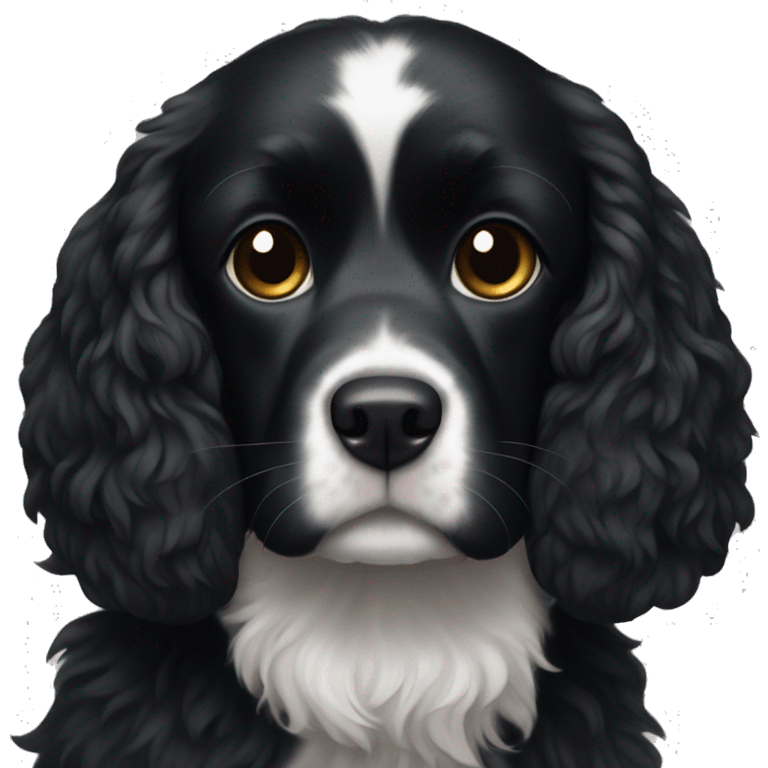 Small completely black spaniel with black fur on his whole face and white fur only on his chest emoji