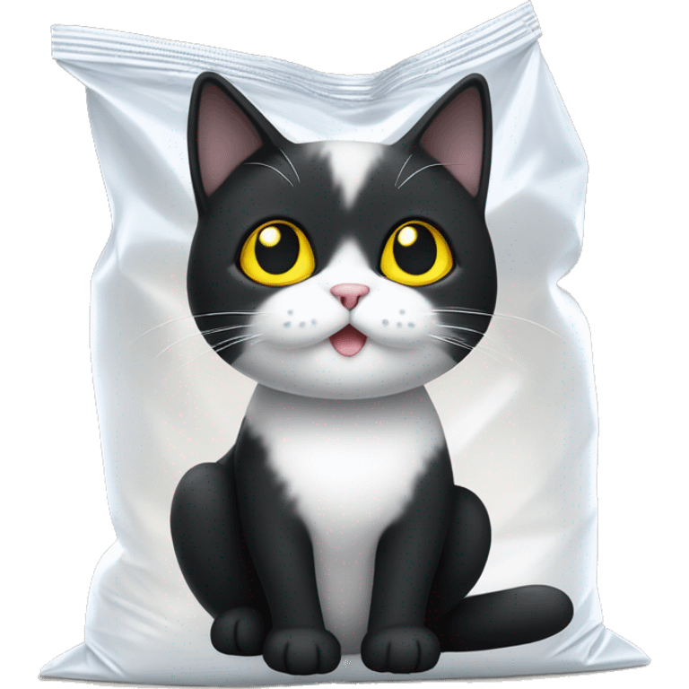 A little black and white cat sitting in a white plastic bag. The cat is mostly black except for white on her nose and paws. The cat has yellow eyes  emoji