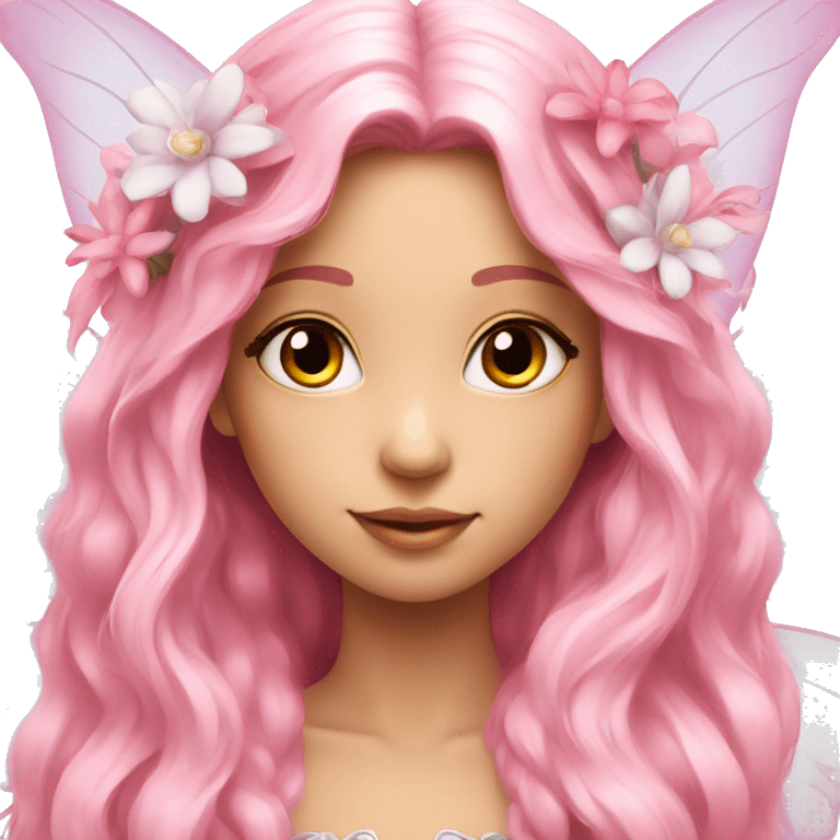 Beautiful, flower, fairy, pink, white, long hair, with pink wings emoji