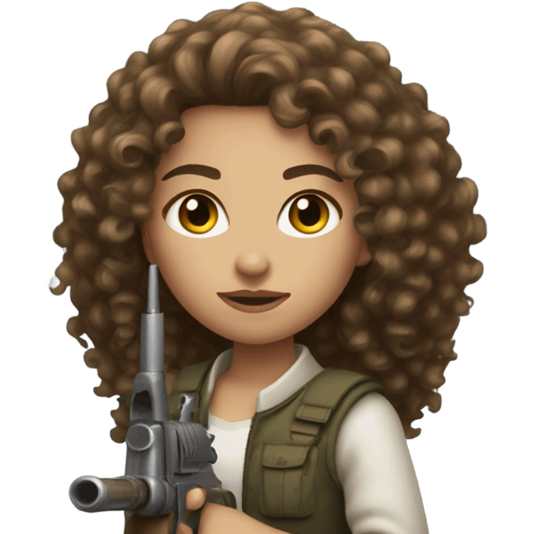 light skinned brunette curly-haired girl with weapon emoji