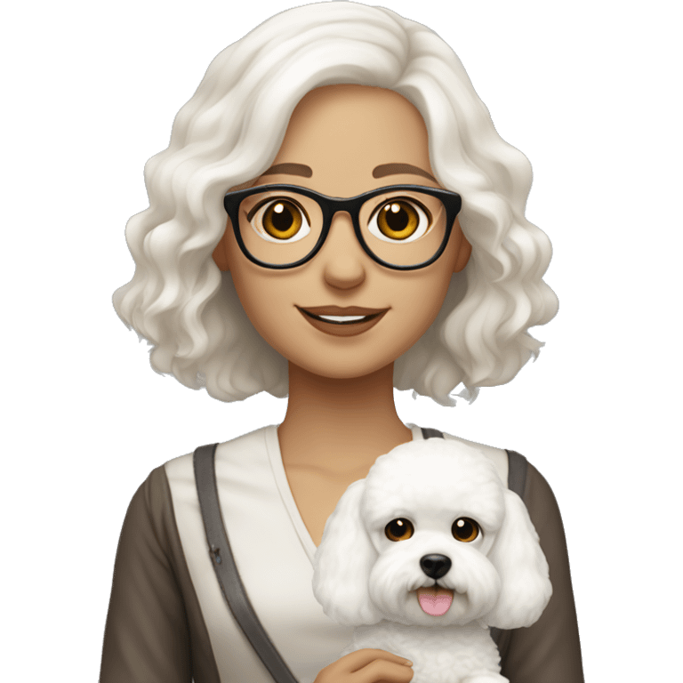 Girl medium length white hair, hazel eyes and glasses holding whit Bichon with tan ears emoji