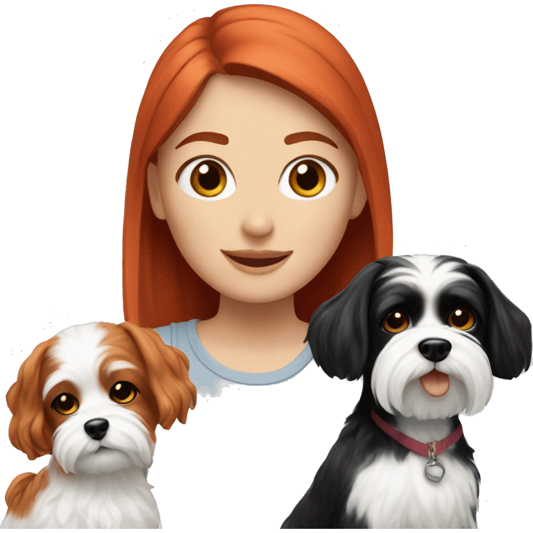 Red-haired girl next to her black and white Maltese dogs emoji