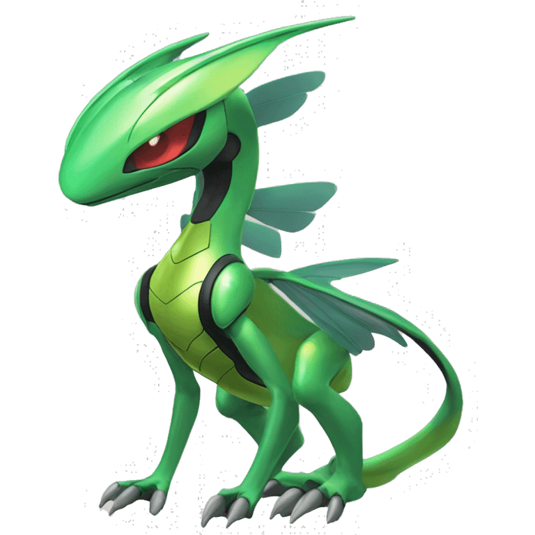 a shiny Genesect-Flygon-Raptor-Fakémon—hybrid with a futuristic visor-helmet full body emoji