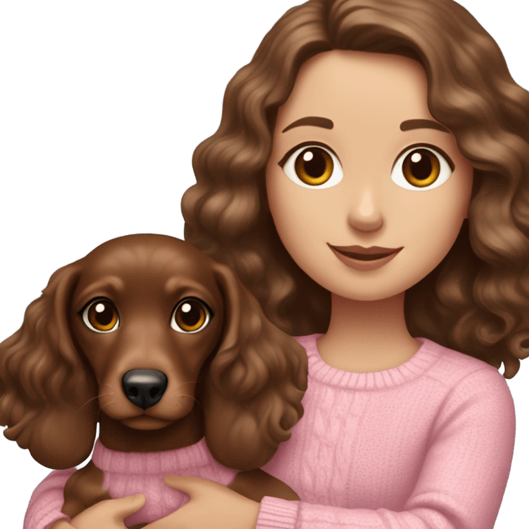 Brunette white girl with wavy hair in a pink sweater holds a dachshund chocolate and cream long haired puppy in her arms emoji