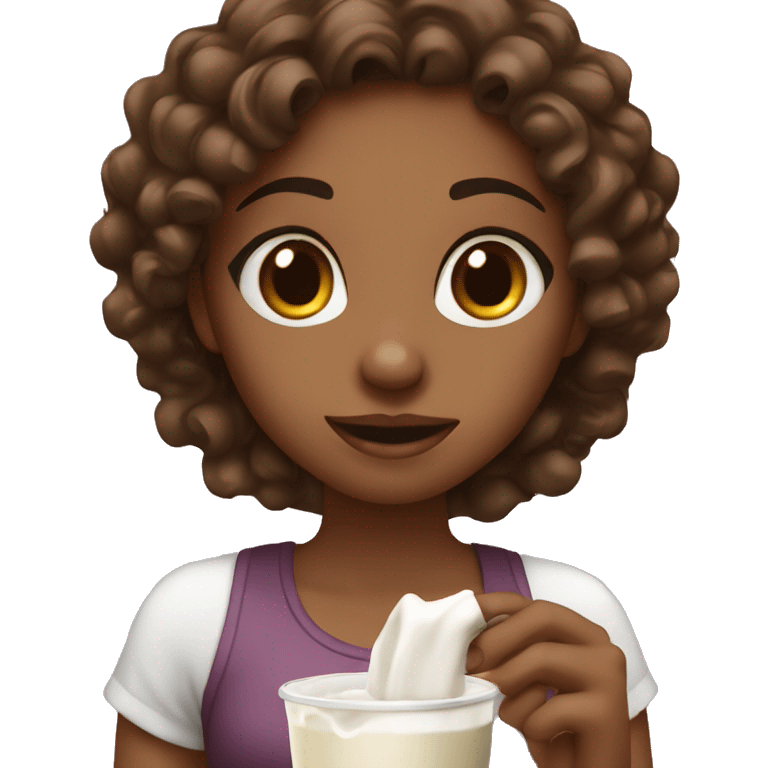 Girl site curls and drink milk with chocolate emoji