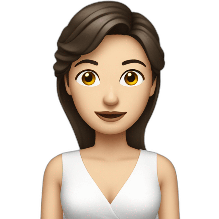 Brunette woman in a white dress talking to a camera emoji