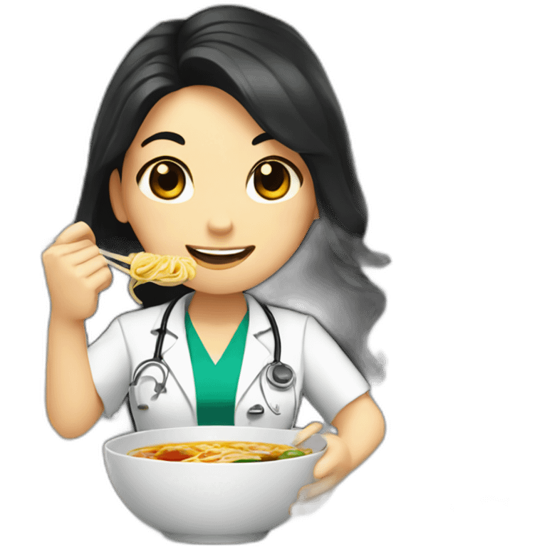 female doctor with long dark hair eating ramen bowl with thumbs up emoji