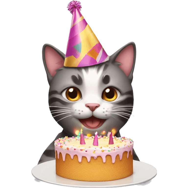 Cat with a party hat and a cake emoji