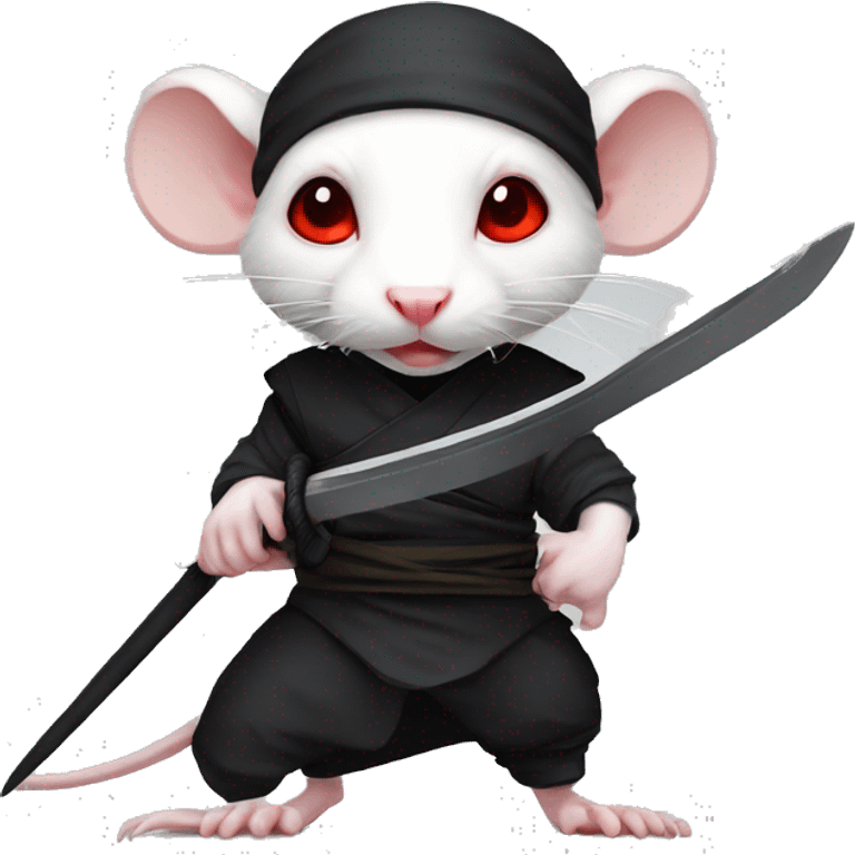 Albino rat red eyes wearing a headband, black ninja costume, dramatic pose, holding sword emoji