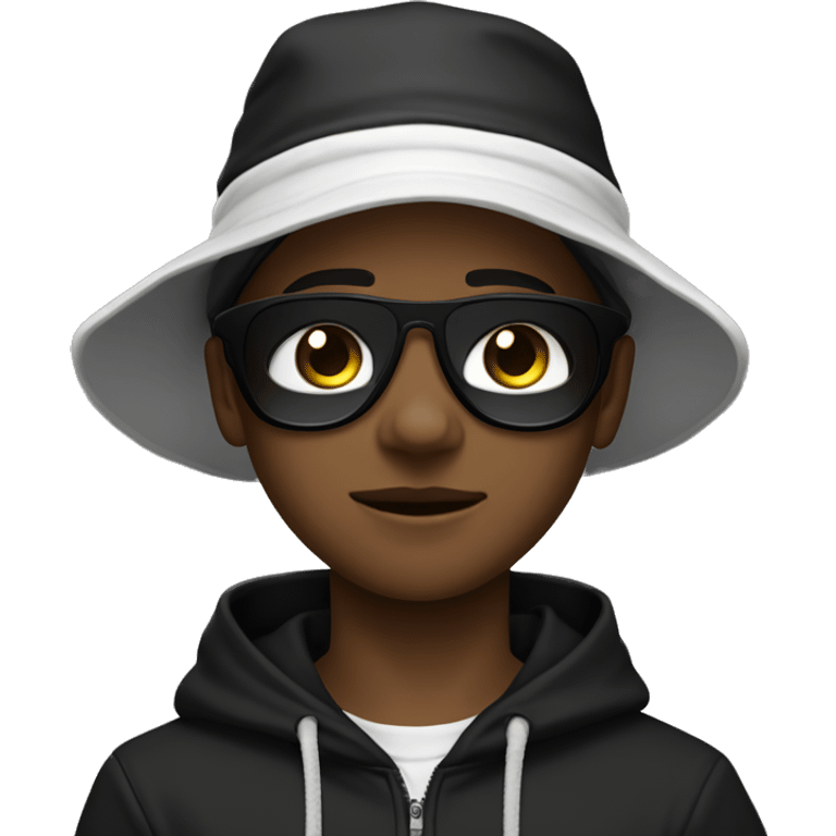 a 15 year old boy wearing a black tub hat black sunglasss black mouth mask white hoodie an black cargo pants emoji