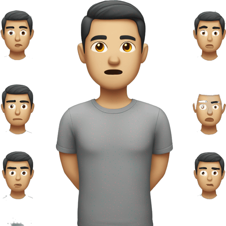 asian man in a gray shirt with a frown  emoji