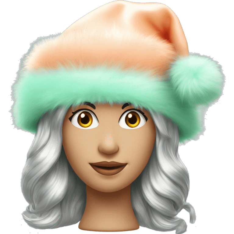 Realistic isolated metallic silver with mint green sheen holographic Santa hat with with peach fur. emoji