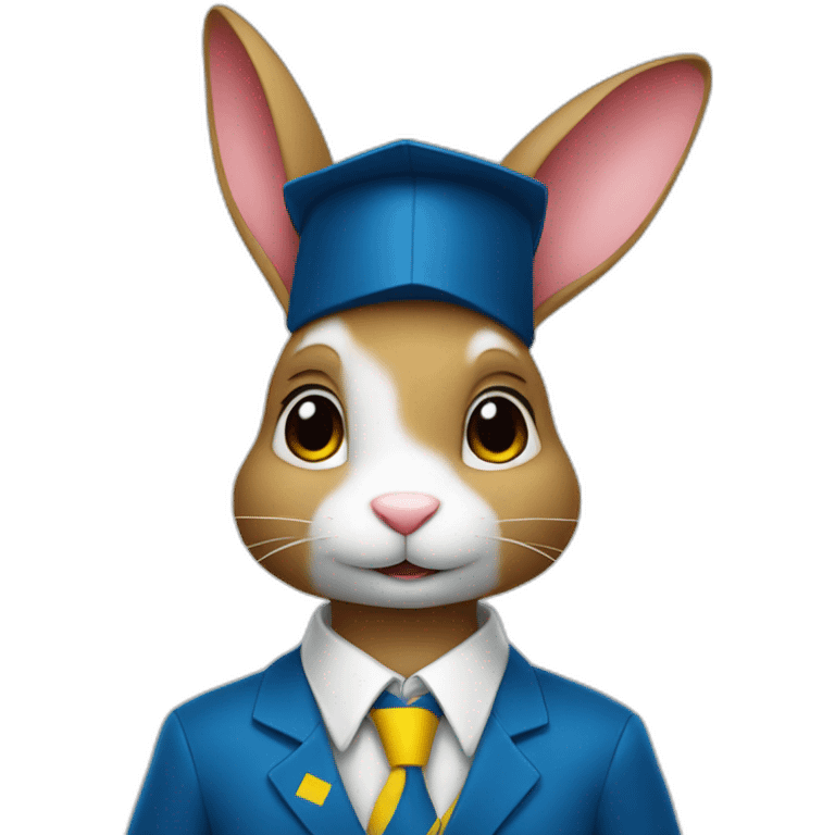 A rabbit student in a suit in the color of the Ukrainian flag in a square academic cap emoji