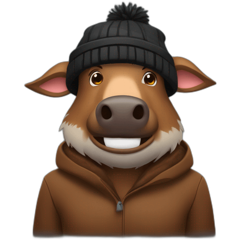 fullface brown boar tired of life with stubble with a winter hat black color emoji