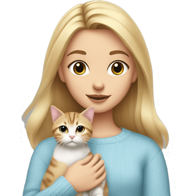 Blond chin lenght hair girl in a light blue sweater holding a tabby cat with white paws and face emoji