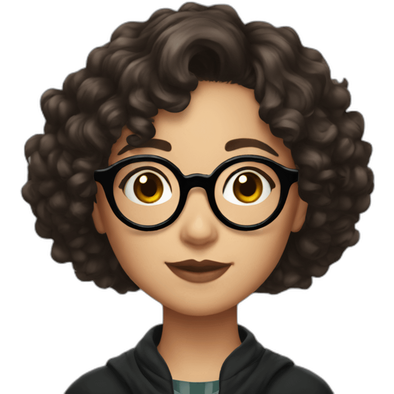 girl with short curly dark brown hair and harry potter glasses emoji