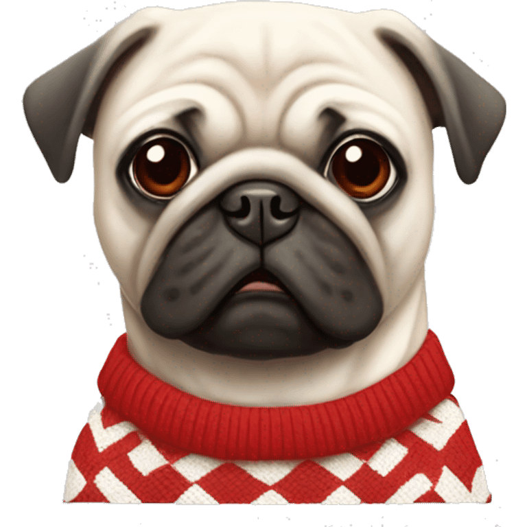 white pug wearing a red and white checkered sweater emoji