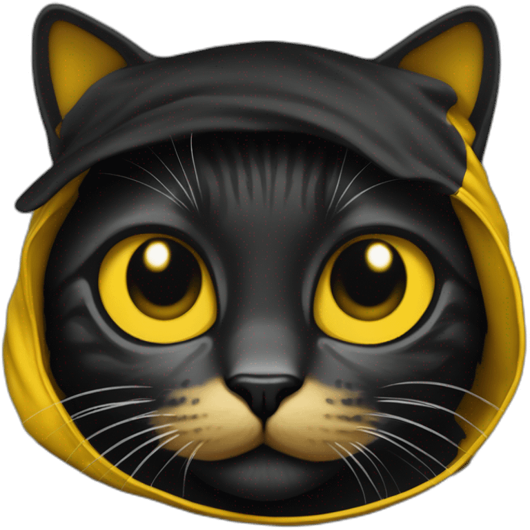 Gato preto com coleira bandana amarela no pescoço, e máscara na cara emoji