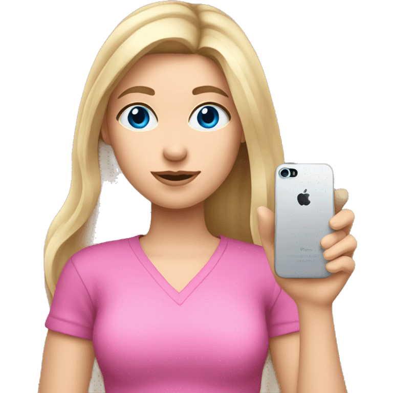 a blue eyed white dark blond hair girl wearing a pink shirt holding an iphone  emoji