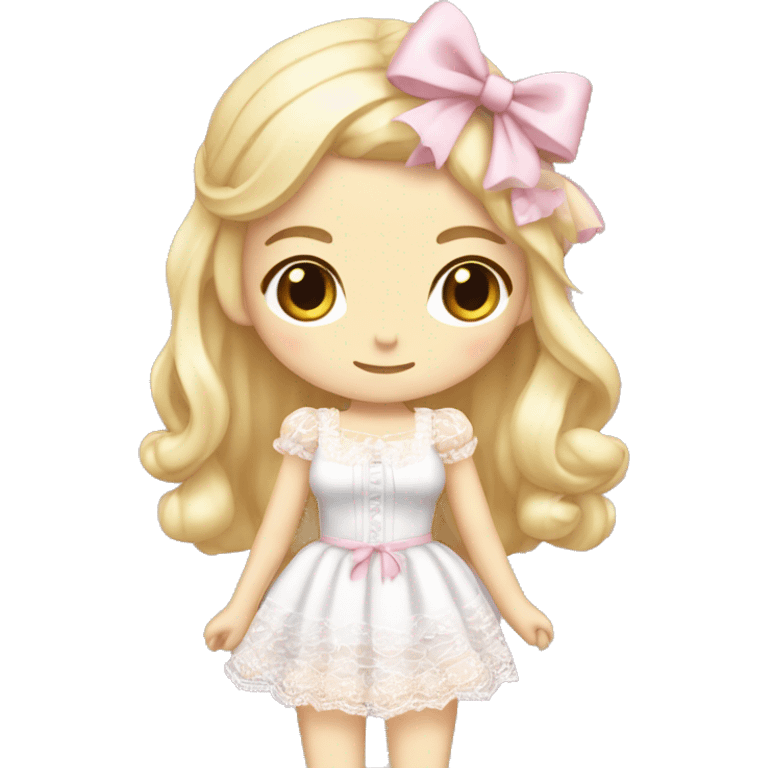 full body, woman standing, pale skin, long blonde hair, wearing lolita pink dress with white lace, wearing a pretty white bow on top of her head emoji