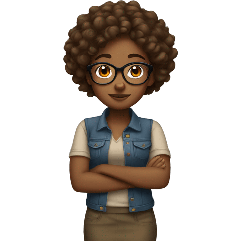 Brown girl with curly brown hair wearing glasses and arms folded emoji