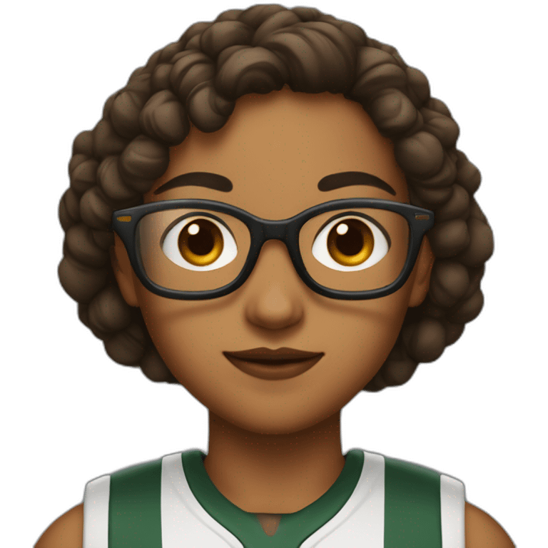 A girl with boyish hair, glasses, a line on her eyebrows, brown eyes, and a basketball player emoji