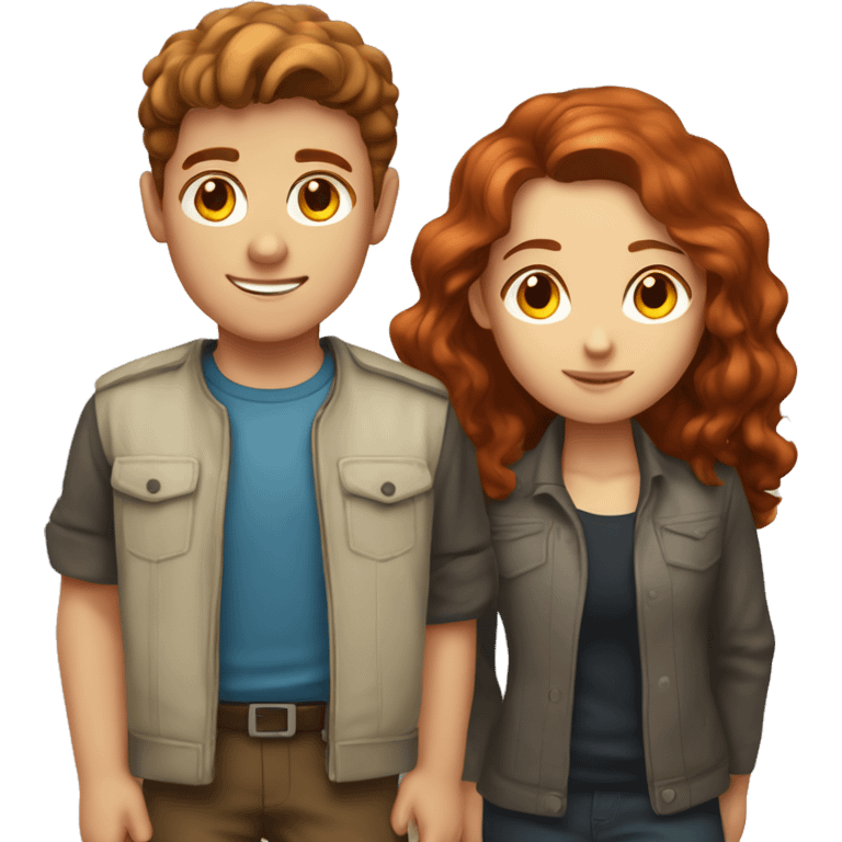 Brown-haired boy portrait close-up lighter skin and red haired girl  emoji