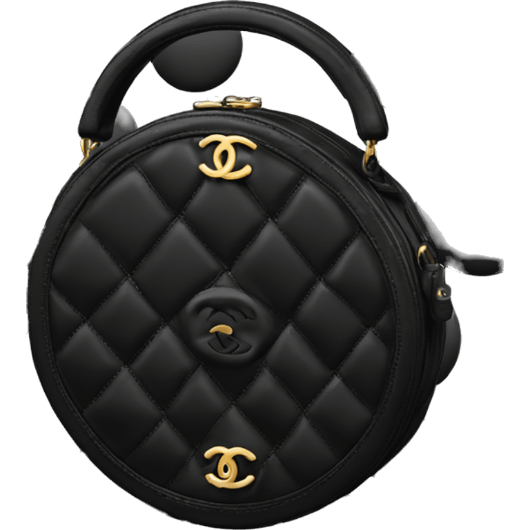 Round black Chanel bag with top handle logo places top middle emoji