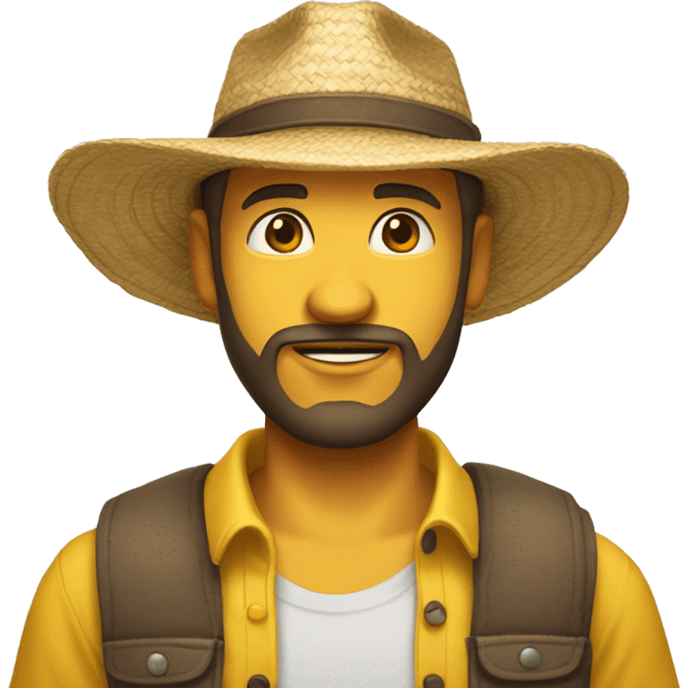 man with brown beard, light skin, big eye brows, wearing a straw hat and a yellow t-shirt emoji