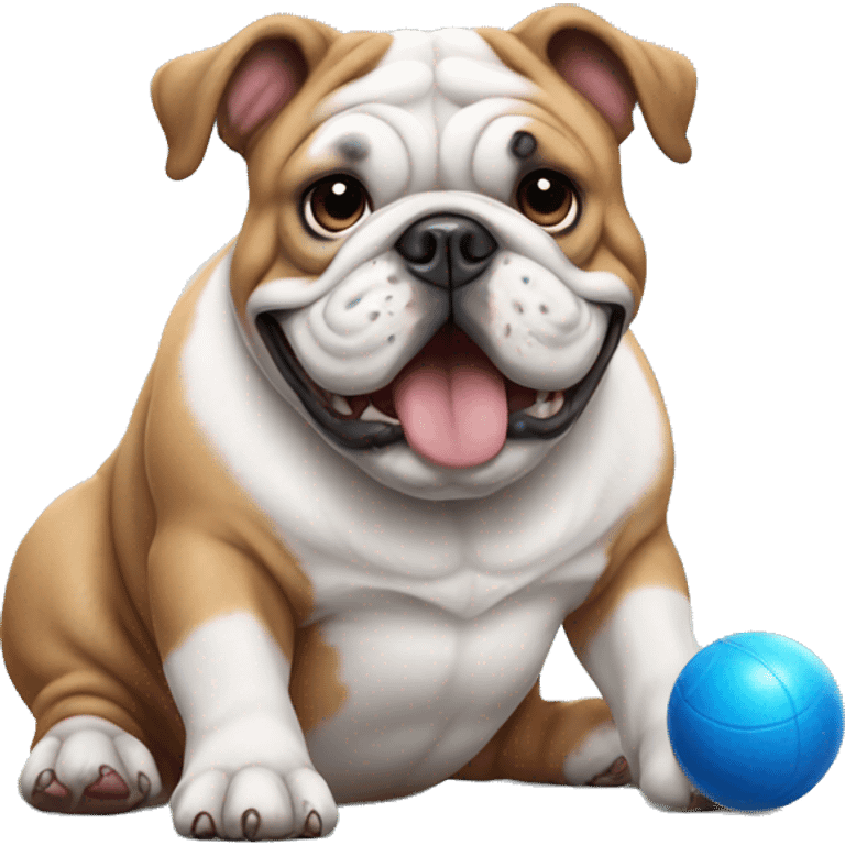 English bulldog playing with blue ball emoji