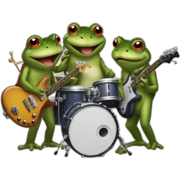 Three toad playing electric guitar bass and drumset emoji