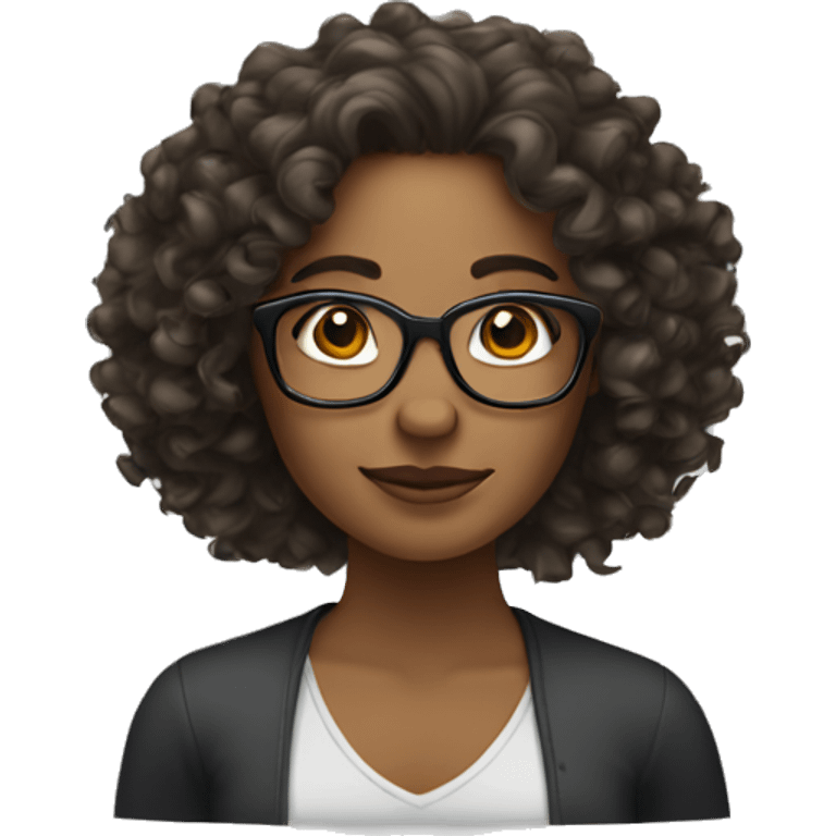 Brown woman, curly long hair, glasses, chest emoji