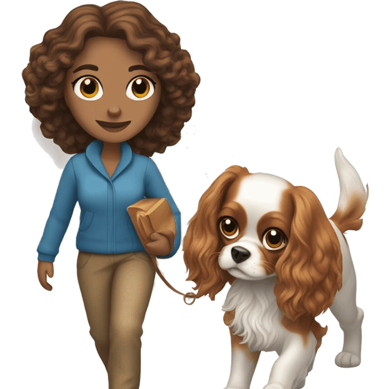 A white woman with blue eyes walks with a cavalier King Charles spaniel emoji