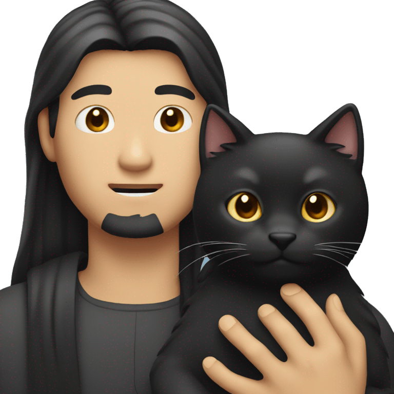 Long hair Asian man holding black cat emoji